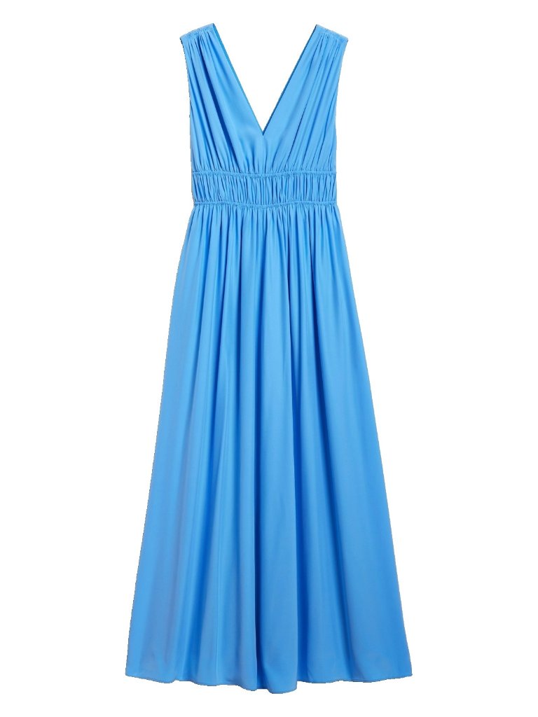 Nwt Banana Republic Cascade Silk Maxi In Blue City V-Neck Ruched Dress M $300